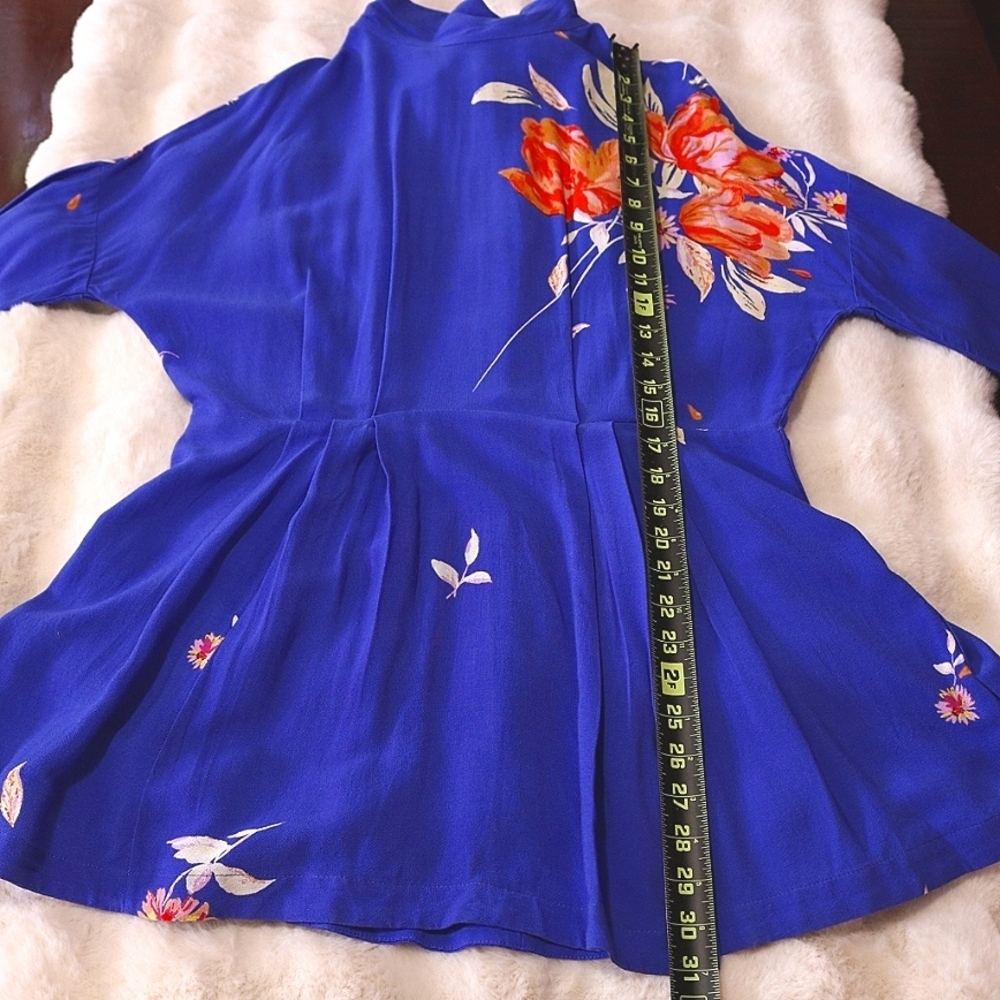 Free People Gemma Floral Tie Neck Open Back Tunic, Long Sleeve Dress, Small Blue - Picture 5 of 8